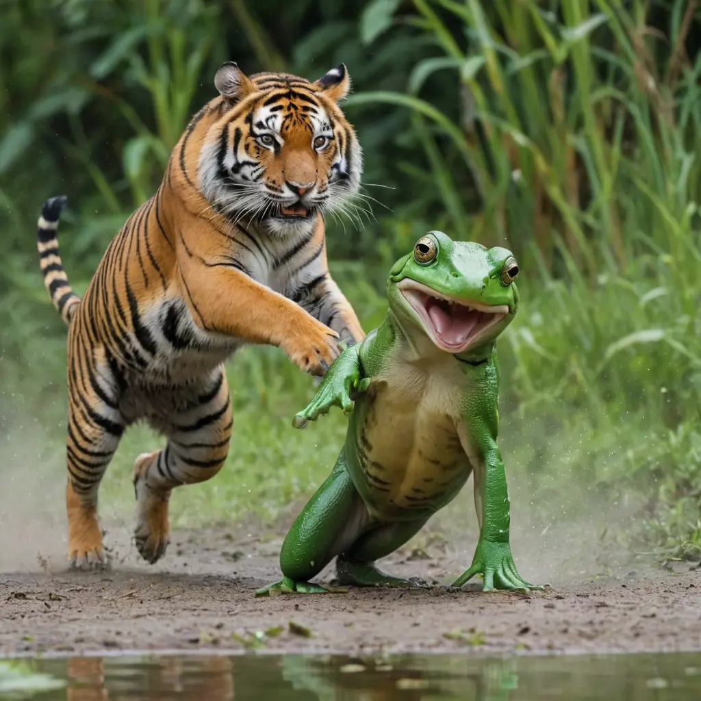 نمر يدعس ضفدع اخضر صغير خايف يهرب من النمر