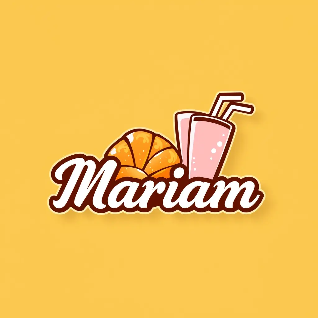 Generate a detailed logo in 3d for a company named 'Mariam' . The logo should prominently feature Croissants and soft drinks .