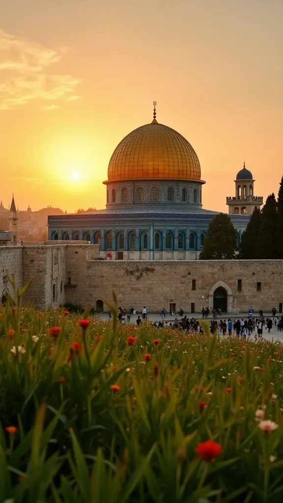 مسجد قبة الصخرة عند الغروب والمروج الخضراء حوله وعلم فلسطين