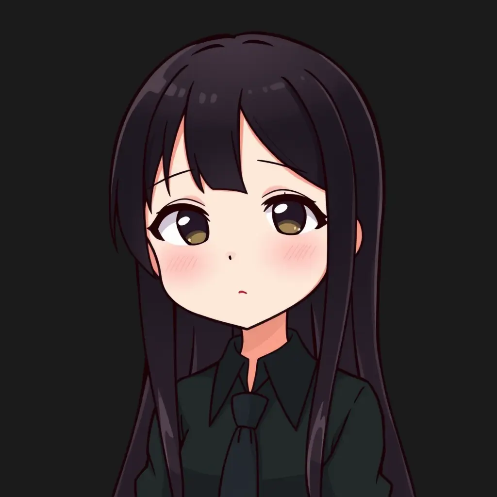 شخصية كرتونية بنت شعرها طويل ولونهه اسود وترتدي ملابس خضراء غامقة والخلفية سوداء وتعابير البنت هادئه الملابس قميص وربطه عنق سوداء