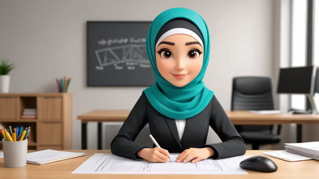شخصية بنت محجبة كرتونية تعمل مهندسة معمارية