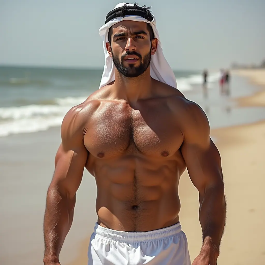 رجل عربي لديه عضلات صدر وبطن وذراع ضخمة وقوية جدا ووسيم وجميل جدا جدا يلبس الملابس الداخلية البيضاء الفانيلة والسروال العربيتين من متجر الأصيل للملابس الرجالية