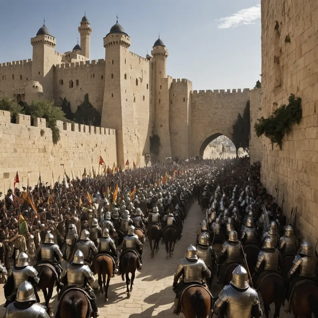 اريد صورة دخول جيش القائد صلاح الدين القدس منتصرا و حولة الجنود و الاهالى فرحين بة والمكان بقلعة من القلاع