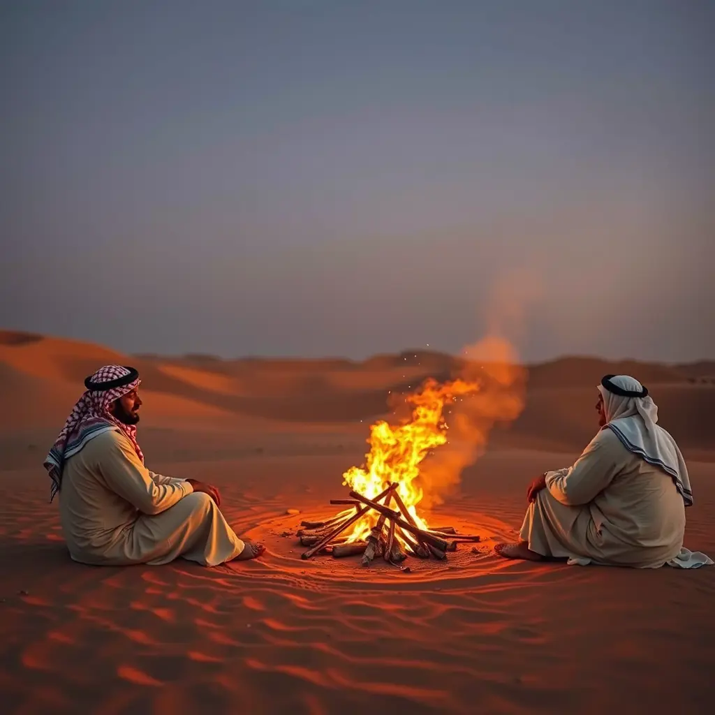 رجال عرب يجلسون في الصحراء والنار ناشبة