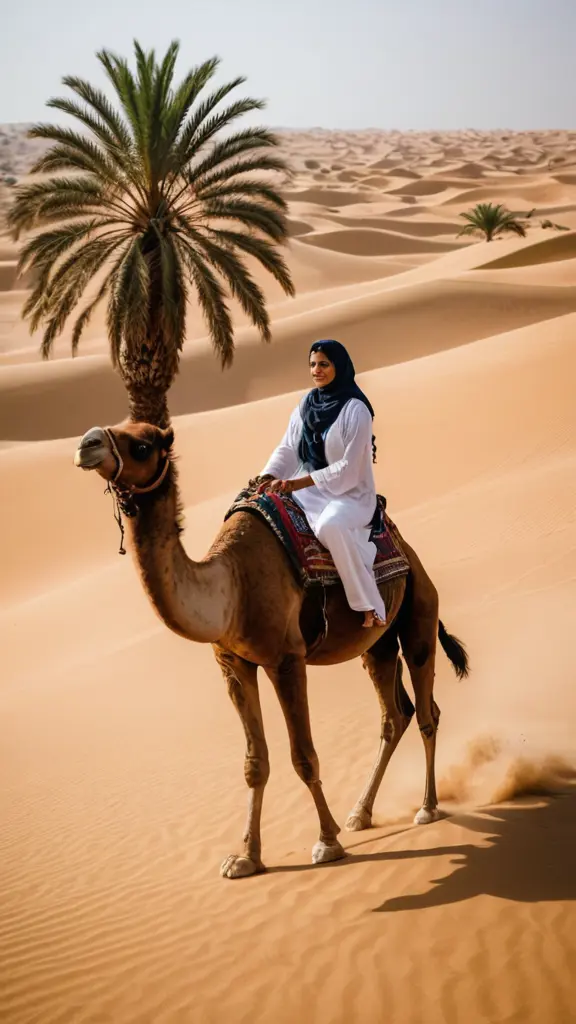 امرأة بدوية تقود الجمل وخلفها كثبان رملية في الصحراء وشجرة نخيل
