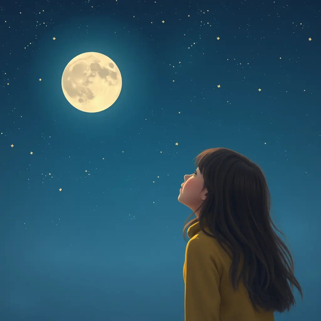 بنت تنظر إلى القمر وفي نجوم في السماء