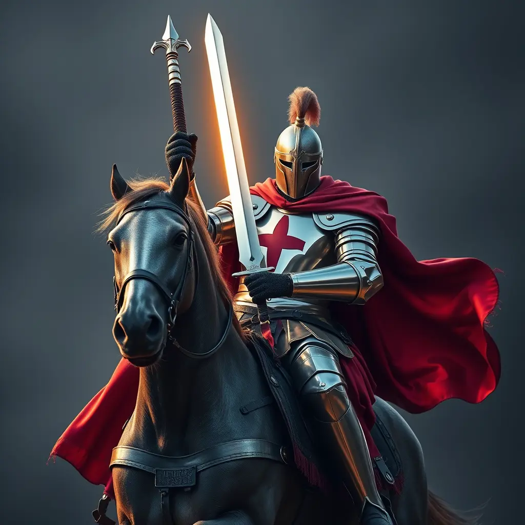 فارس على حصان يحمل في يده سيف جميل ولامع