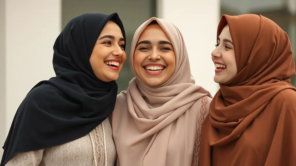 صورة اصدقاء بنات يرتدين حجاب على رأسهم ويضحكون