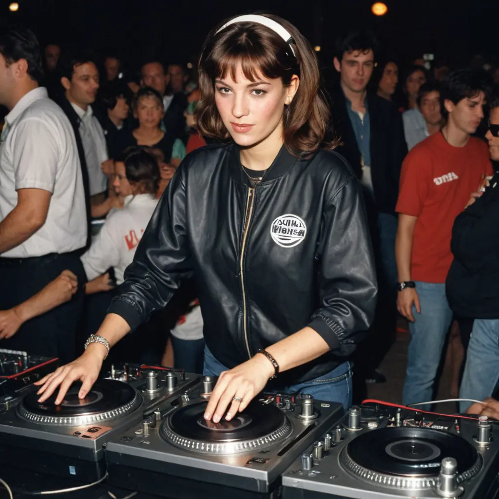 dj erika dean, female dj from the united kingdom. mixing and scratching on two turntables extremely too fast at the 1990 scratchfest world dj mixing championships eliminations