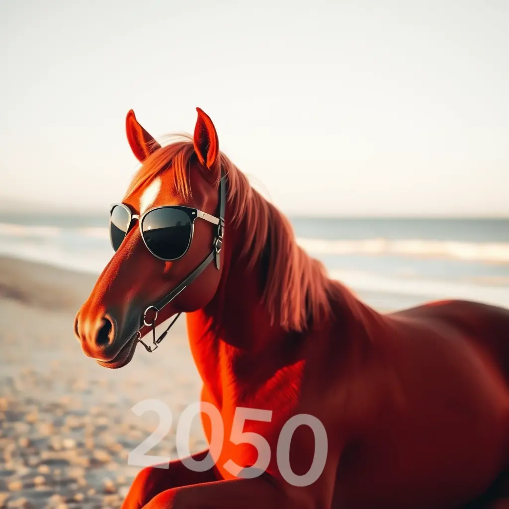 حصان أحمر جالس على ذباب في الشاطى لابس نظارة شمسية في سنة 2050 ويكون لابس جكيت جلد اسود