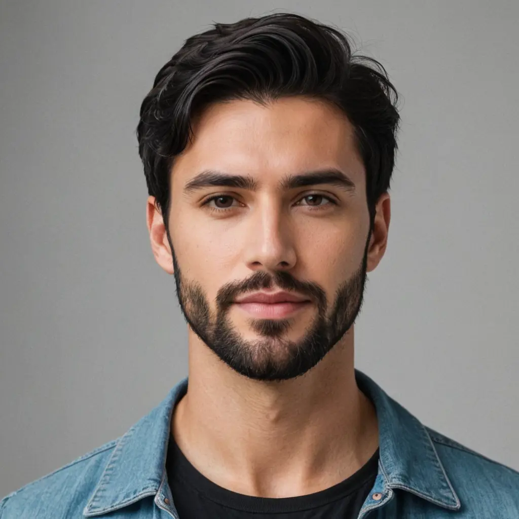 رجل وسيم ذو شعر اسود وقصة شعر قصيرة مدرجة ولحية متوسطة مرتبة يقف باتجاه الكاميرا