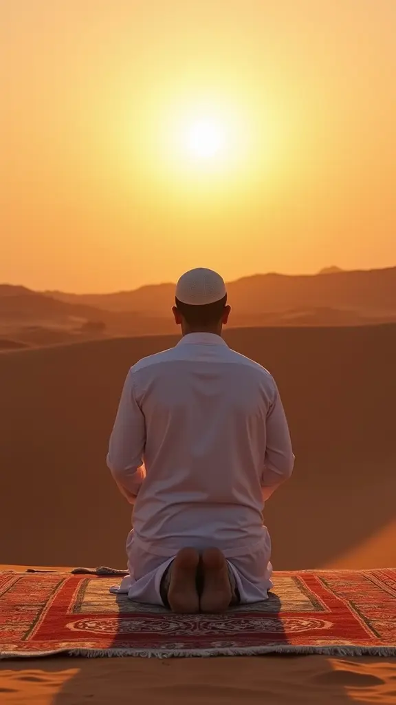رجل مسلم عربي يسجل على سجادة اتجاة القبلة في الصحراء والمنضر الغروب في وضعية الركوع