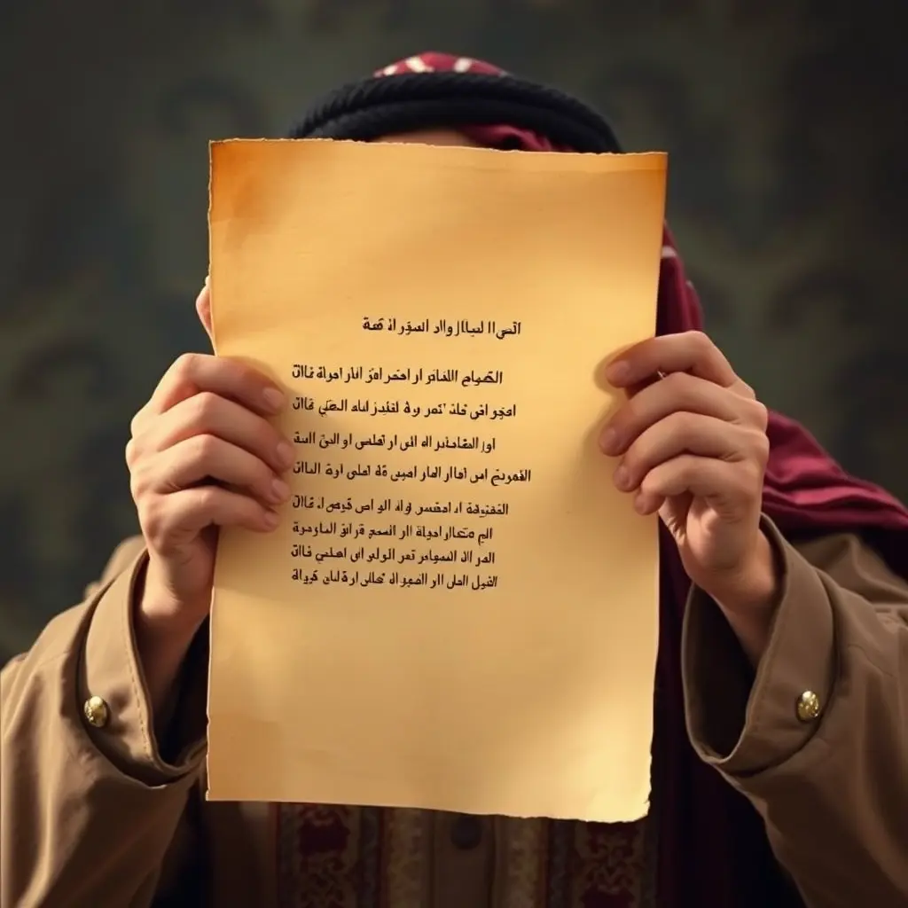 صورة الاصمعي و بيديه ورقة و في ورقة قصيدة صوت صفير البلبل