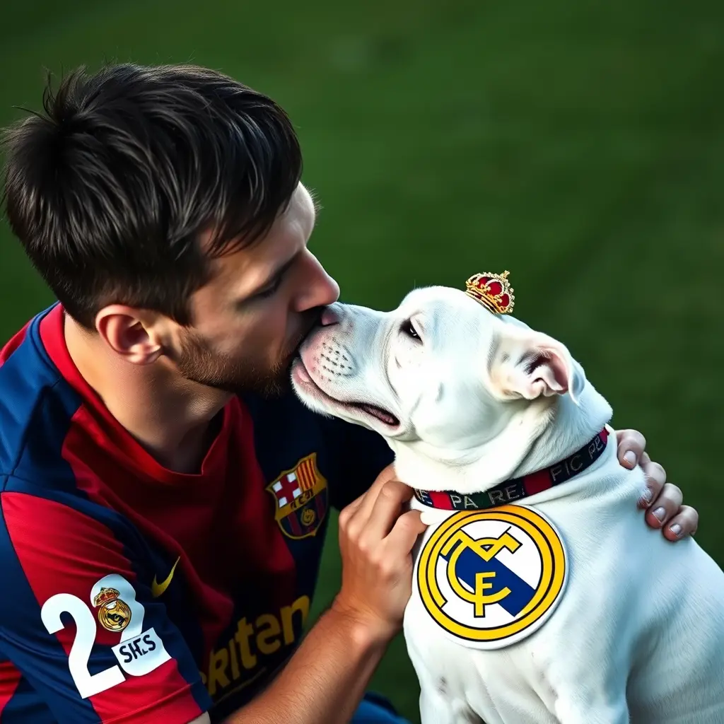 ميسي يبوس كلب لونه ابيض ويلبس الكلب شعار ريال مدريد 