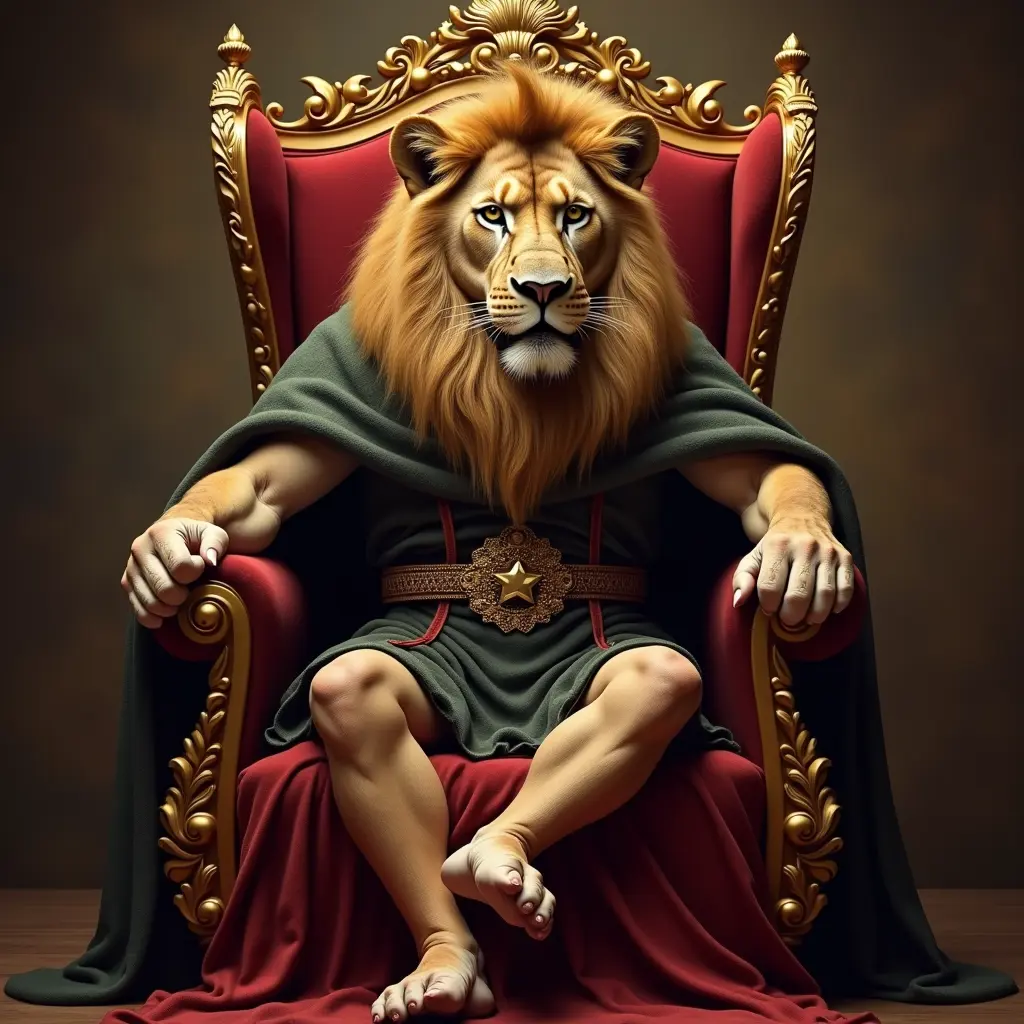 اسد قوي له هيبة وقوة يجلس على كرسي العرش