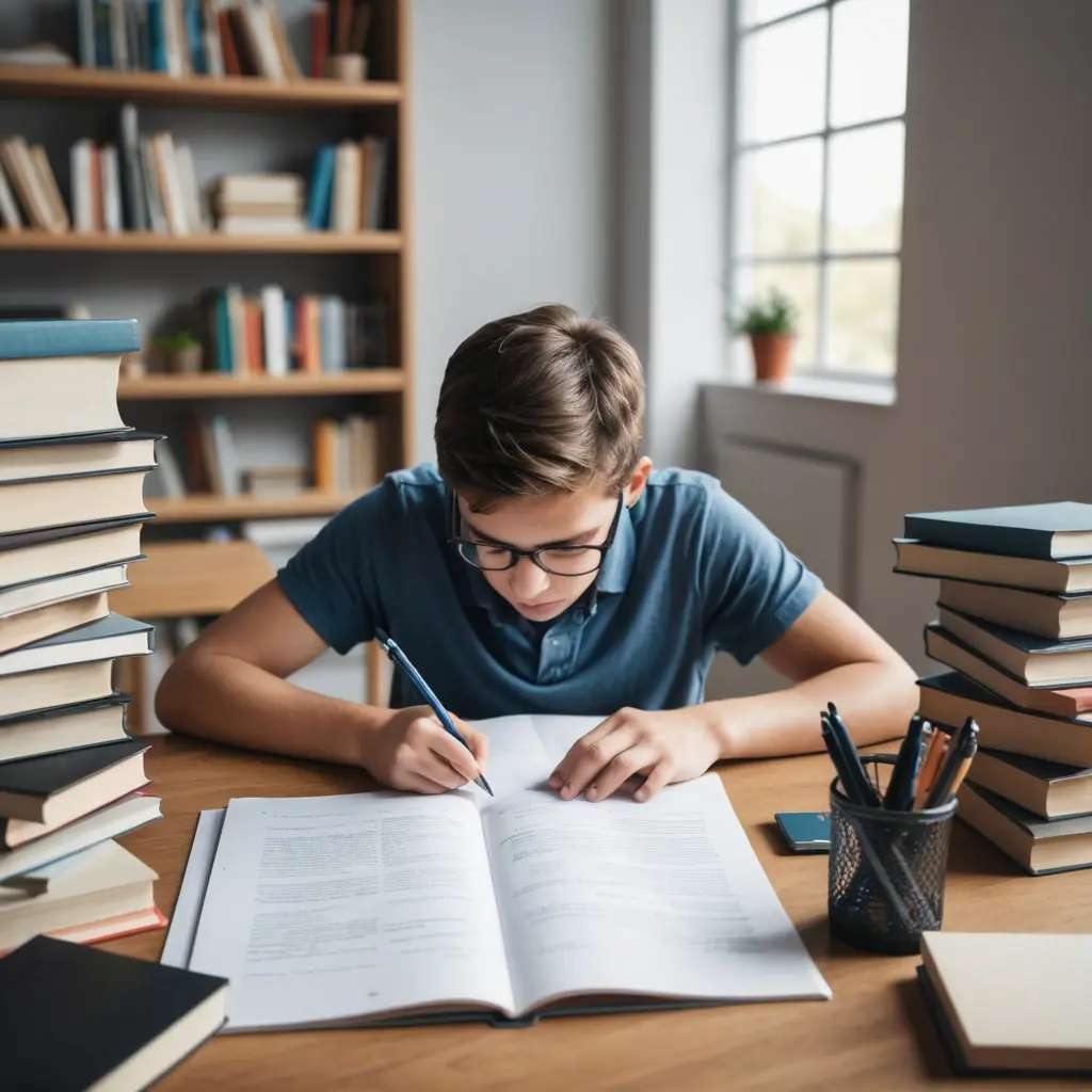 صورة تلميذ يذاكر دروسه معه اقلام وهو جالس على مكتب ومن حوله الكتب بمنظر 3D