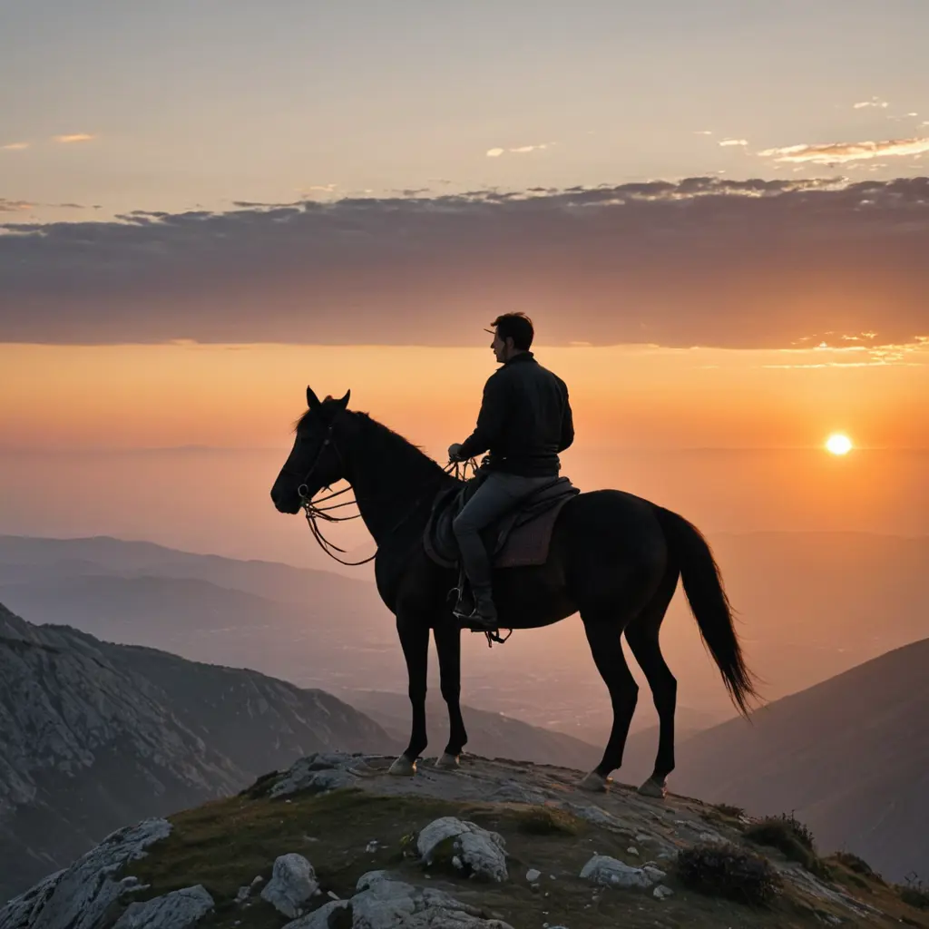 صورة رجل على حصان أسود وهو على قمة جبل وهو ينظر الى الغروب