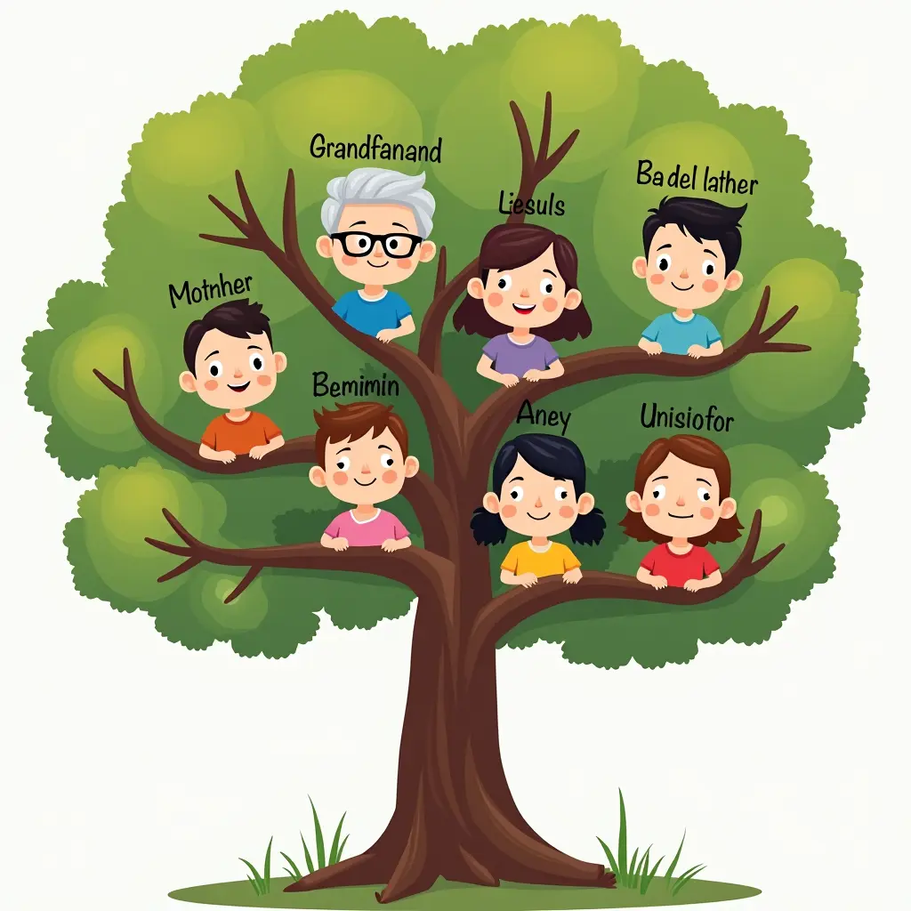 شجره افراد العائله فيها صور للجد والجده والعمه والعم والاب والام وابنة العم وابن الخال واخ واخت وتكون صوره كرتونيه ومكتوب الاسامي باللغه الانجليزيه