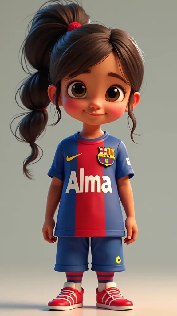 صورة فتاة كرتون ترتدي قميص نادي برشلونة و مكتوب أمامها اسم alma مع زخرفة