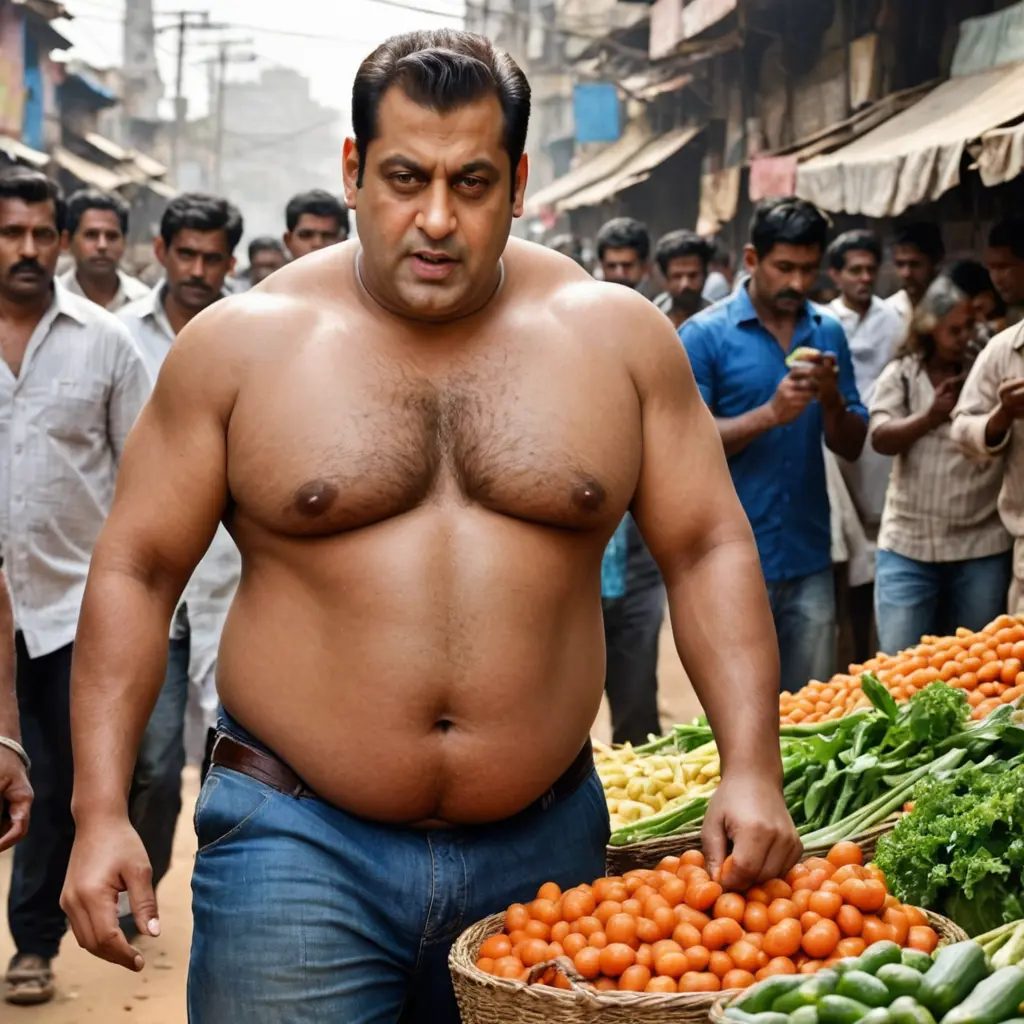 create image of salman khan as a fat man selling vegetables