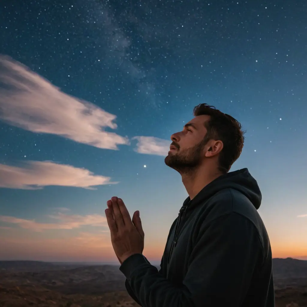 رجل ينظر الي السماء يدعي ربه