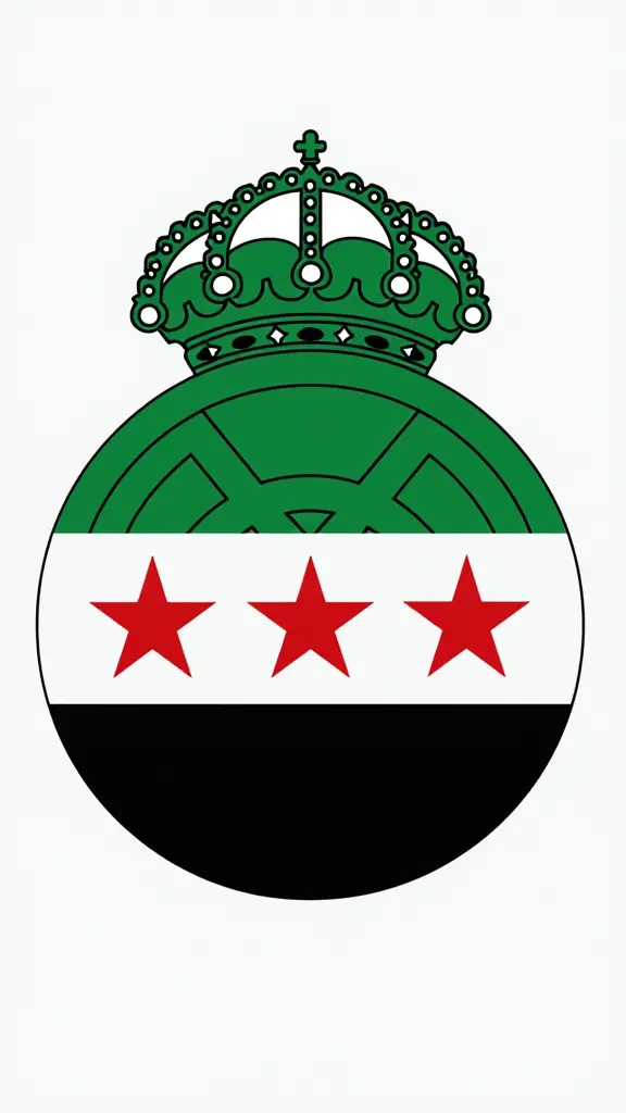 شعار ريال مدريد مع علم الثورة السورية و العلم اخضر من الأعلى ابيض في المنتصف اسود من الاسفل و 3 نجمات باللون الأحمر في المنتصف