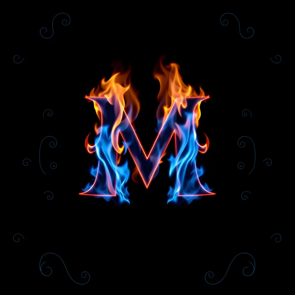 تصميم حرف M بشكل عالمي بالنار وخلفية سوداء بها زخاريف من النار الازرق
