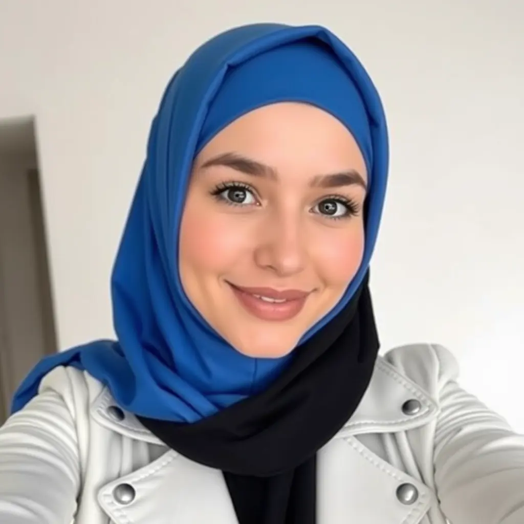 فتاة جميلة جدا، بملامح عربية، بيضاء البشرة، ترتدي حجاب ازرق صافي اللون دون الوان اخرى ، وعباية انيقة باللون الاسود،وجاكيت(كوت) نسائي جلدي رائع بالون الابيض، تاخذ صورة سلفين بيد واحدة 