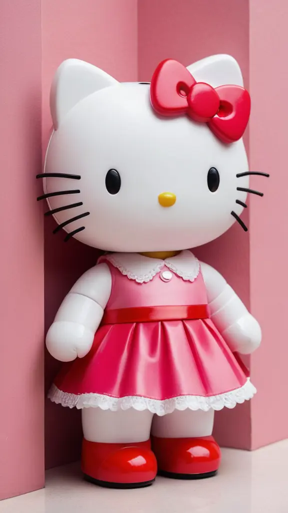 آريد ان عطني صورة هيلو كيتي وهي مختبئة وراء جدار منور أو حاجز، وتظهر هيلو كيتي بنظرة سعيدة أو متأملة، وعيناها موجهتان نحو الجانب الأيسر من الصورة. الخلفية المحيطة بها بسيطة ومنورة، مما يجعل الألوان الزاهية لخيول كيتي تبرز بوضوح، خاصة لونه الوردي الدافئ وخدودها الحمراء.والخلفية حجمها ستوري إنستقرام