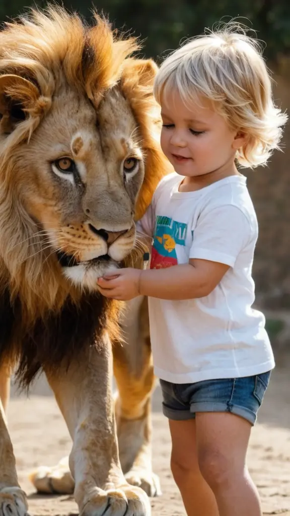 طفل اشقر يلعب مع الاسد الذهبي