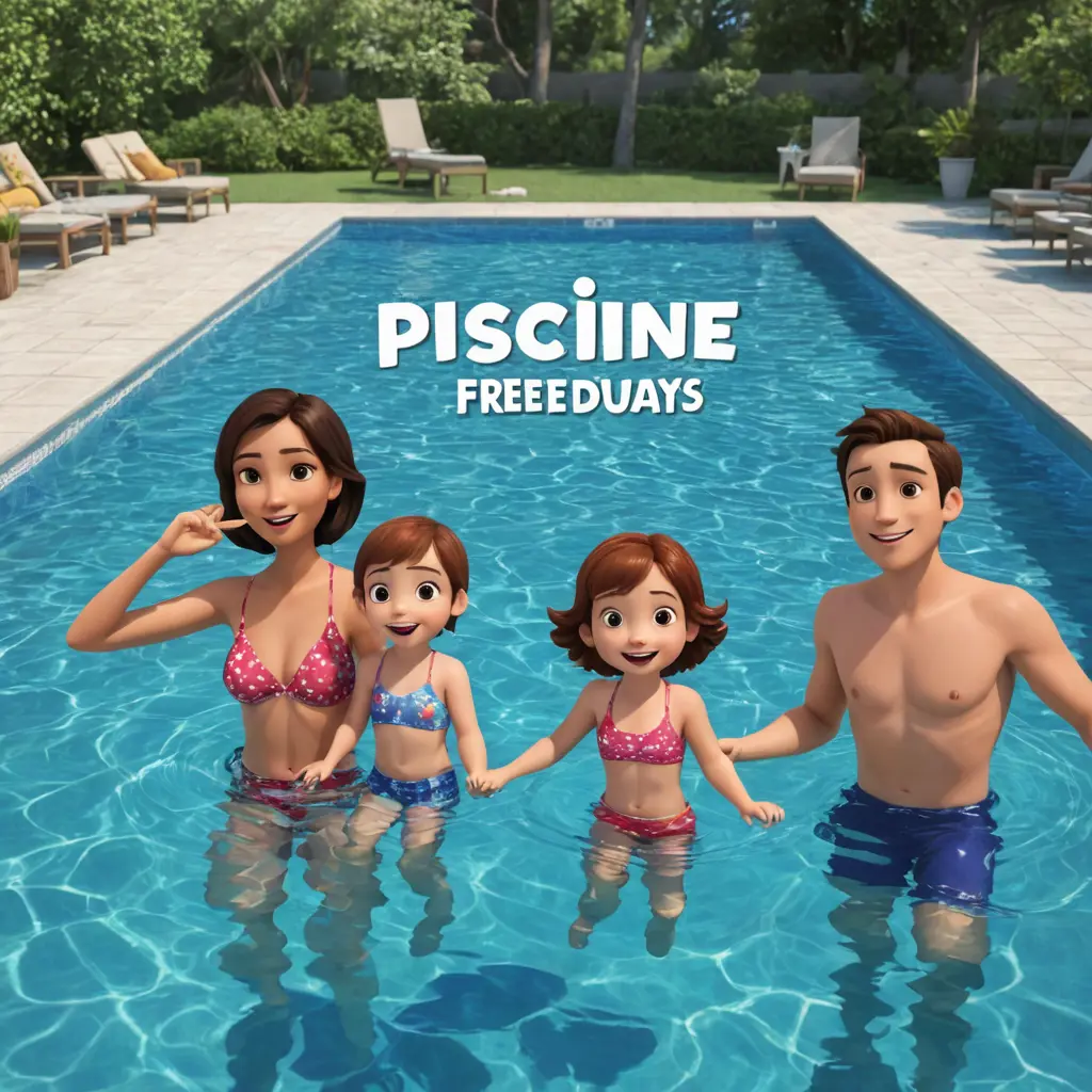 صورة عائلة كرتون تسبح في المسبح مكتوب فيه (piscine freedays)