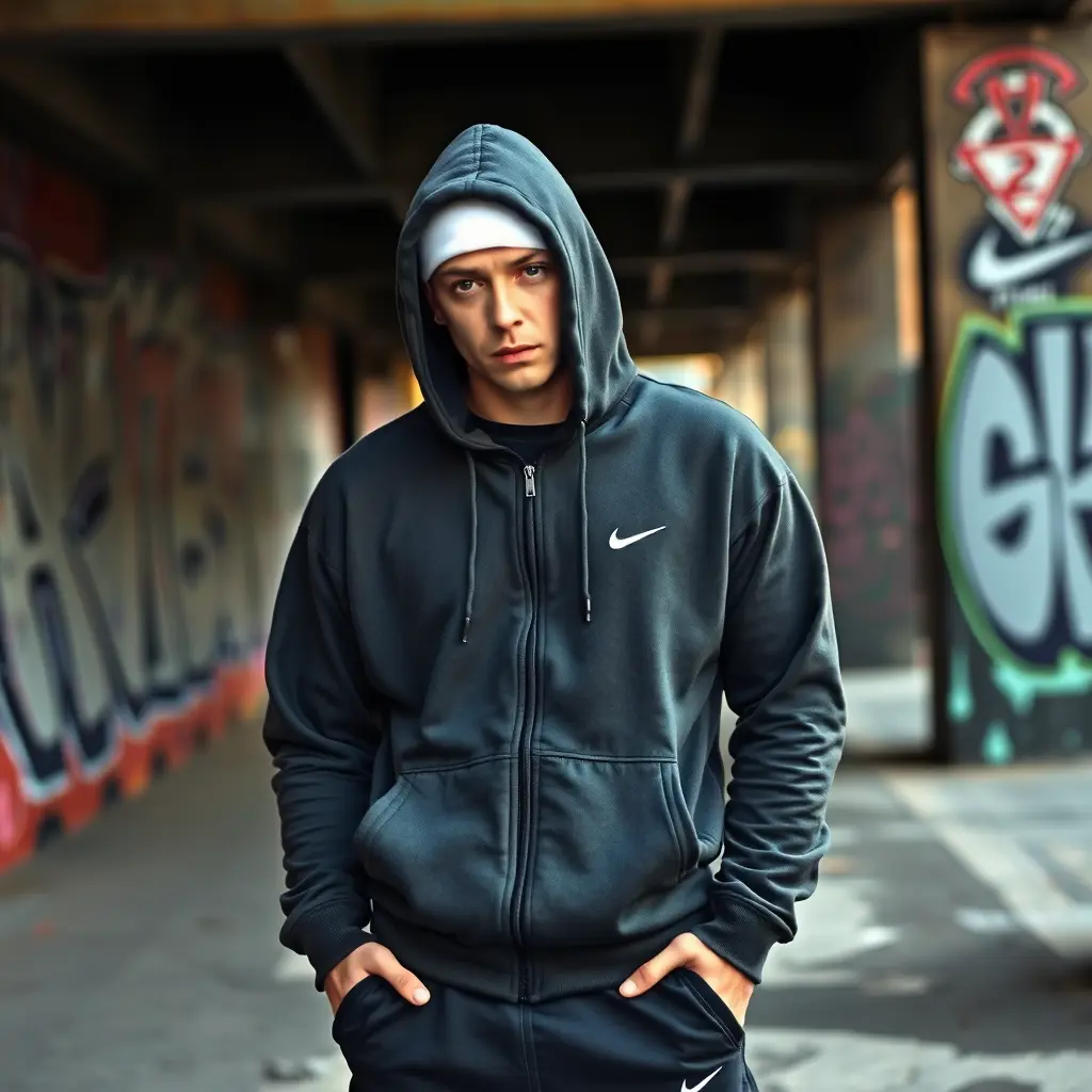 "Eminem stands confidently in an urban street setting, wearing a dark grey Nike Tech tracksuit. The outfit includes a zip-up hoodie and matching joggers, featuring the iconic Nike logo. The hood is up, casting a slight shadow over his focused, intense expression. His stance is relaxed yet powerful, with graffiti-covered walls in the background that reflect the gritty, authentic vibe of Detroit—his hometown."