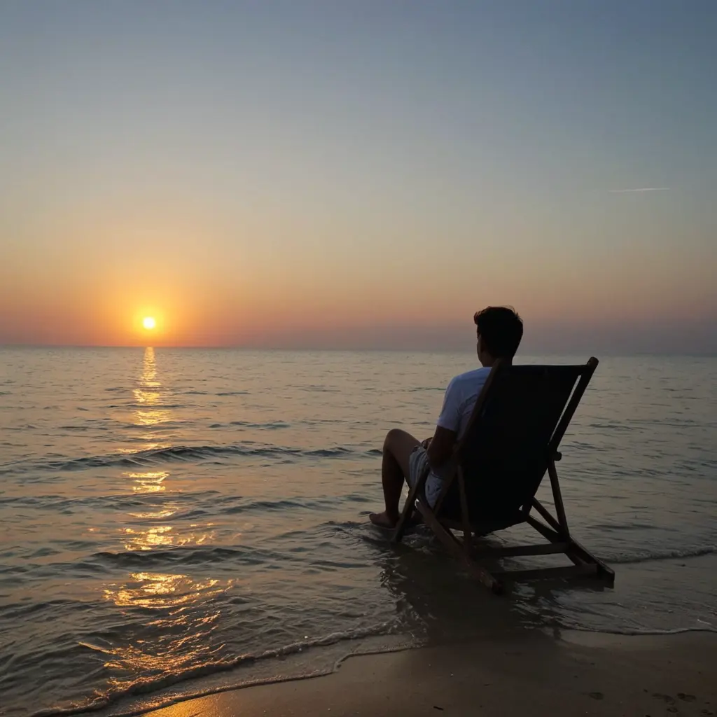 مشهد شخص يسترخي على البحر و المنظر غروب الشمس عند البحر