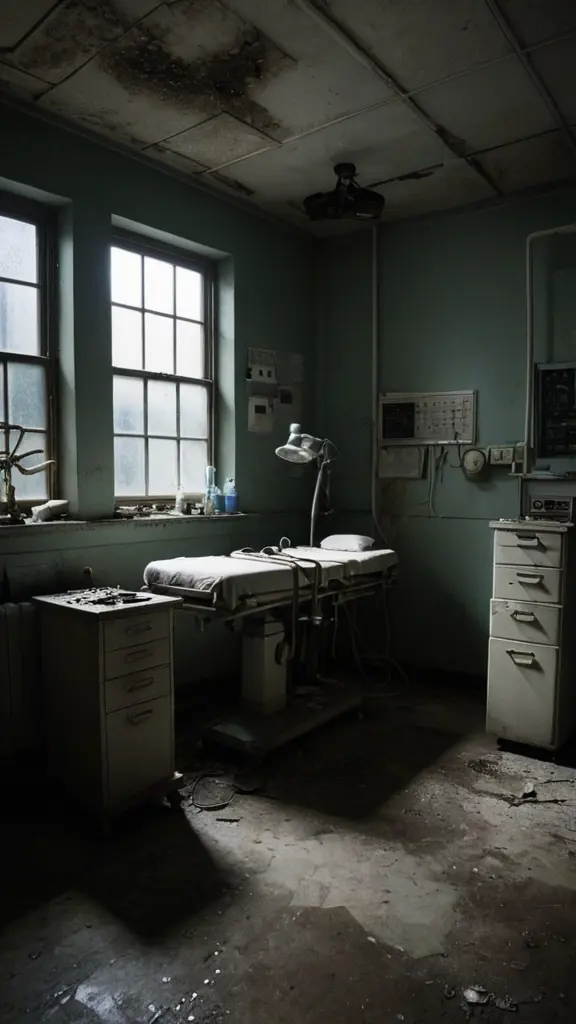 A haunted operating room. The atmosphere is thick with a sense of dread and foreboding, as if the very walls hold the memories of countless tragedies. The walls are cracked and stained, covered in patches of mold and years of grime. The floor is littered with broken tiles and scattered debris, echoing the sense of abandonment.
In the center of the room, an operating table stands as a grim focal point. Its metal surface is rusted and covered in dark, ominous stains. Surgical lights hang overhead, their bulbs flickering and casting eerie, shifting shadows. Surrounding the table, there are various surgical instruments laid out, some clean and sharp, others rusted and bloodstained.
The room is filled with outdated medical equipment, much of it broken and covered in dust. An old anesthesia machine stands in one corner, its tubes tangled and brittle. Monitors and screens, long out of use, occasionally flicker to life, displaying ghostly readings and static.
The air is cold and carries a damp, musty smell, mixed with the faint metallic scent of blood. Shadows seem to move in the corners of the room, as if watching unseen. The dim, unreliable lighting adds to the oppressive atmosphere, making the room feel as though it is trapped in time.
Details such as cracked glass cabinets, surgical masks hanging from hooks, and the faint, echoing sounds of whispers or distant screams complete the chilling scene. This operating room feels haunted by its dark past, a place where the boundary between the living and the dead is perilously thin.