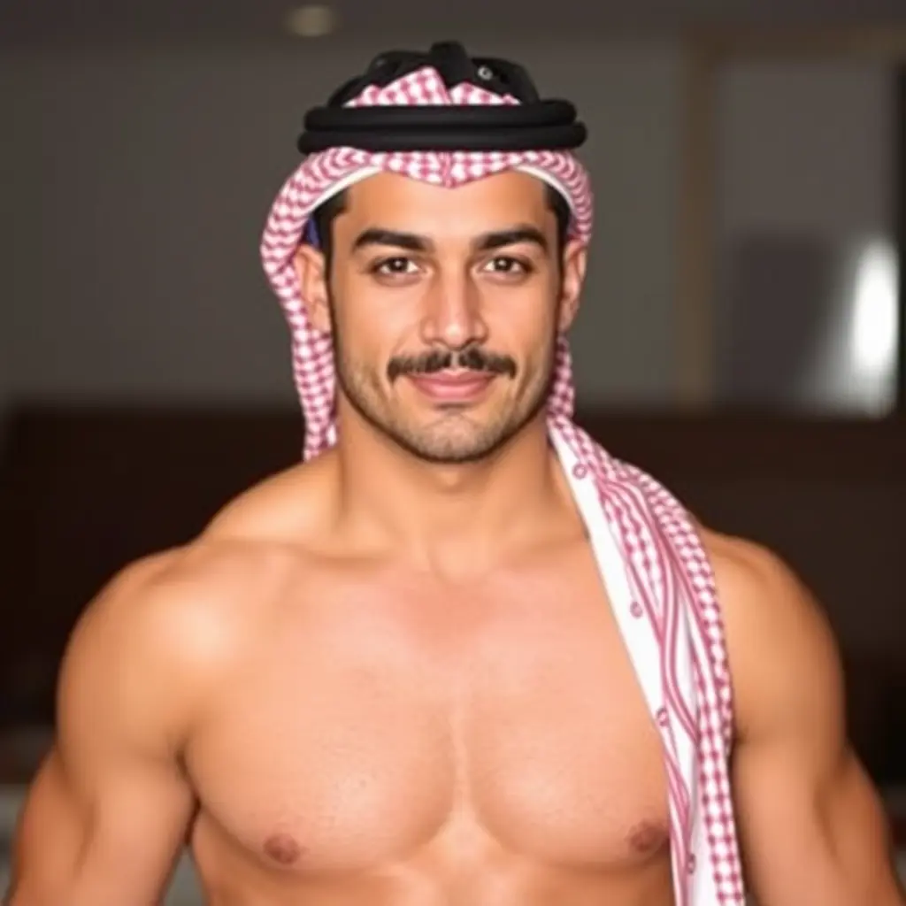 رجل سعودي وسيم معضل لديه شنب ولحيه خفيفه وشعره ناعم وقصير