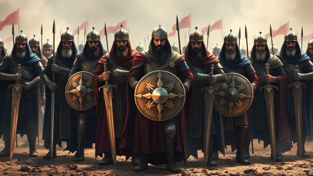 مجموعة من القادة العظماء والمحاربين المسلمين القدماء، يقفون شامخين وسط أجواء المعركة، دروعهم اللامعة تعكس بريق السيوف، وعباءاتهم ترفرف مع الرياح. رغم الظلام الذي يحيط بهم، يسطع من هيئتهم القوة والهيبة، كأنهم أسود لا تهتز أمام كيد الأعداء. وجوههم غامضة، مخفية في الظلال، لكن وقفتهم وحدها تروي قصص الانتصارات والمجد. في الخلفية، ساحة المعركة يلفها الغبار والدخان، ولكنهم ثابتون، لا يخافون ولا يتراجعون، تجسيدًا للعزم الذي لا ينكسر.