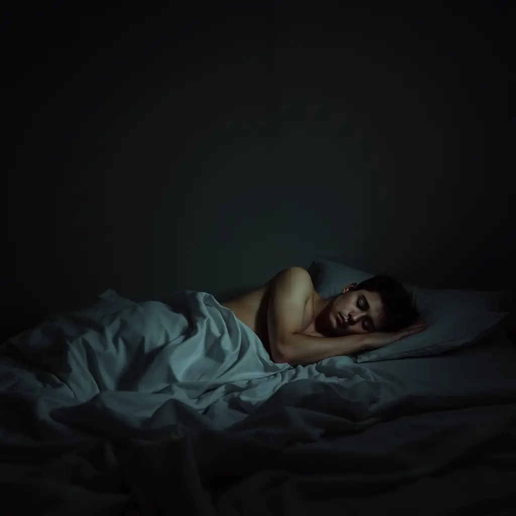 رجل نائم وحيد على السرير فى غرفته حزين