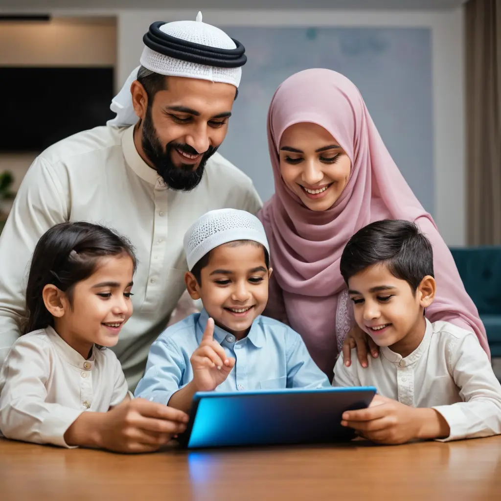 عائلة مسلمة (مكونه من اب وام واطفال) تجتمع أمام جهاز لوحي في جلسة تعليمية، مع ألوان تعكس السعادة والترابط الأسري.