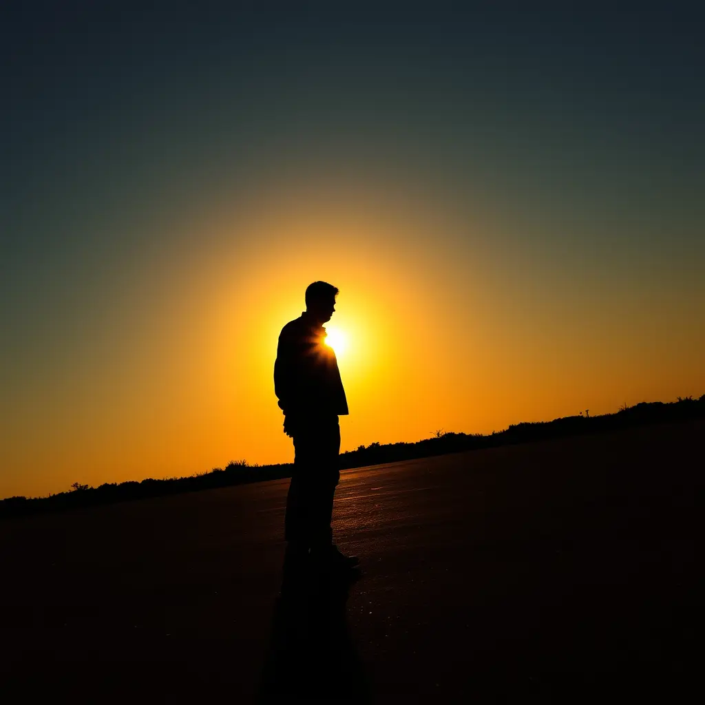 ظل رجل مع غروب الشمس الوان زاهيه ودقه فائقه