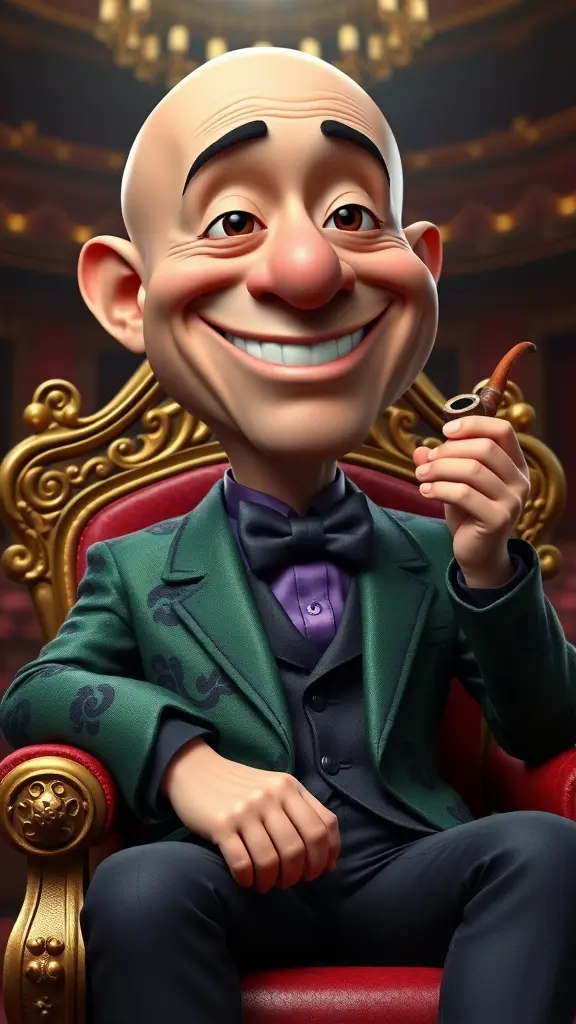 Create a high-quality 3D caricature of a cheerful bald man sitting relaxedly on a royal chair, holding a vintage smoking pipe in his right hand. His face is large and round with a wide smile, small sharp eyes, and exaggerated expressive features. He wears a shiny green jacket with black patterns, a purple shirt, and a dark purple bowtie, with an elegant and playful look. His body is large and his head oversized in a classic caricature style, with detailed lifelike skin textures and clothing fabrics. The background is a dark royal theater with sparkling lights, softly blurred to emphasize the character. Remove any original text, keeping the pose, colors, and joyful spirit, while adding more