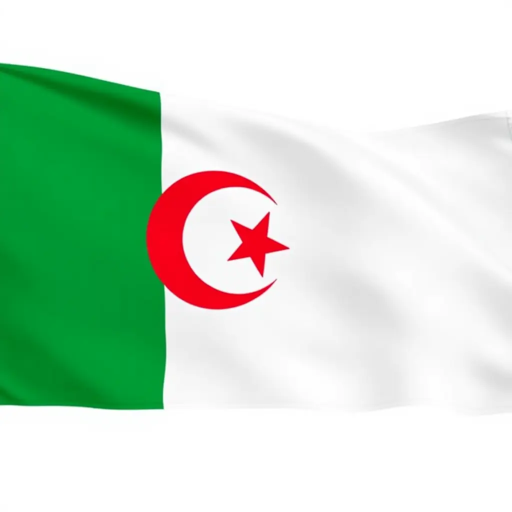 صمم لي العلم الوطني الجزائري بشكل كبير وفي الجهة اللون الأخضر اجعلها خريطة الجزائر وامسح اللون الخضر واتركها بيضاء