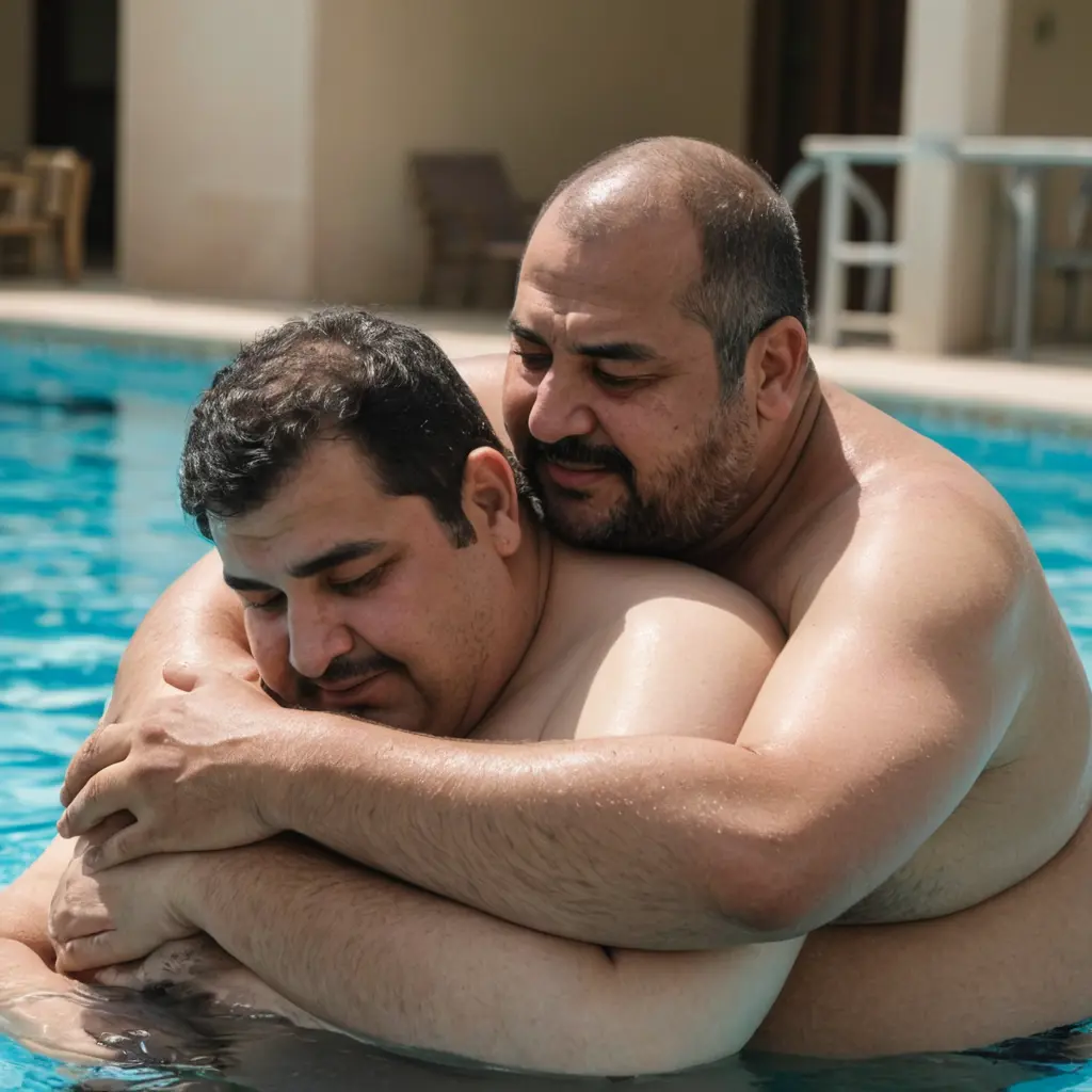 رجل عراقي خمسيني سمين مع رجل يحضنان بعض في مسبح