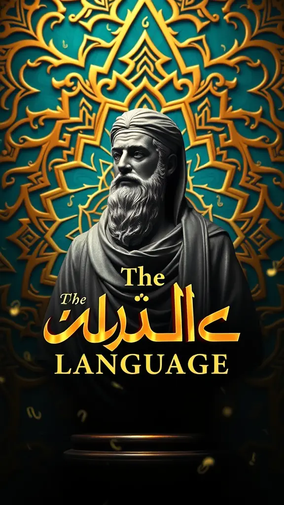 "غلاف كتاب فخم ثلاثي الأبعاد (3D) عالي الدقة (8K resolution) للغة العربية. في المركز: تمثال ثلاثي الأبعاد واقعي ومهيب للخليل بن أحمد الفراهيدي (أو: شخصية مهمة في تاريخ اللغة العربية)، ينظر بتأمل وحكمة. خلفيته: زخارف إسلامية معقدة (Islamic Arabesque patterns) باللون الذهبي والأزرق الفيروزي الغامق والأخضر الزمردي، مع حروف عربية كلاسيكية (مثل: الألف, اللام, الميم, العين, الراء) متناثرة بتأثير ثلاثي الأبعاد وشفافية خفيفة، تطفو في الفضاء المحيط وتندمج مع الزخارف. العنوان الرئيسي 'اللغة العربية' مكتوب بخط عربي ثقيل وجميل (مثل: خط الثلث أو النسخ) باللون الذهبي اللامع أو الأبيض العاجي، مع إضاءة ناعمة وإبراز ثلاثي الأبعاد (3D bevel and emboss). الألوان العامة: نابضة بالحياة (vibrant jewel tones) - ذهب عميق، فيروزي غني، زمردي غامق، بورجوندي غامق - مع تدرجات غامضة (mysterious gradients) وظلال عميقة. الجو العام: مهيب، غامض، فني، يخلط بين الأصالة العربية والإبداع الحديث. إضاءة درامية (dramatic cinematic lighting) مع أشعة ضوء تنفذ من أعلى، تأثير ضباب خفيف (soft volumetric fog) يضيف غموضًا وعمقًا. التفاصيل فائقة النقاء (ultra-detailed), التكوين فني (masterpiece composition)."