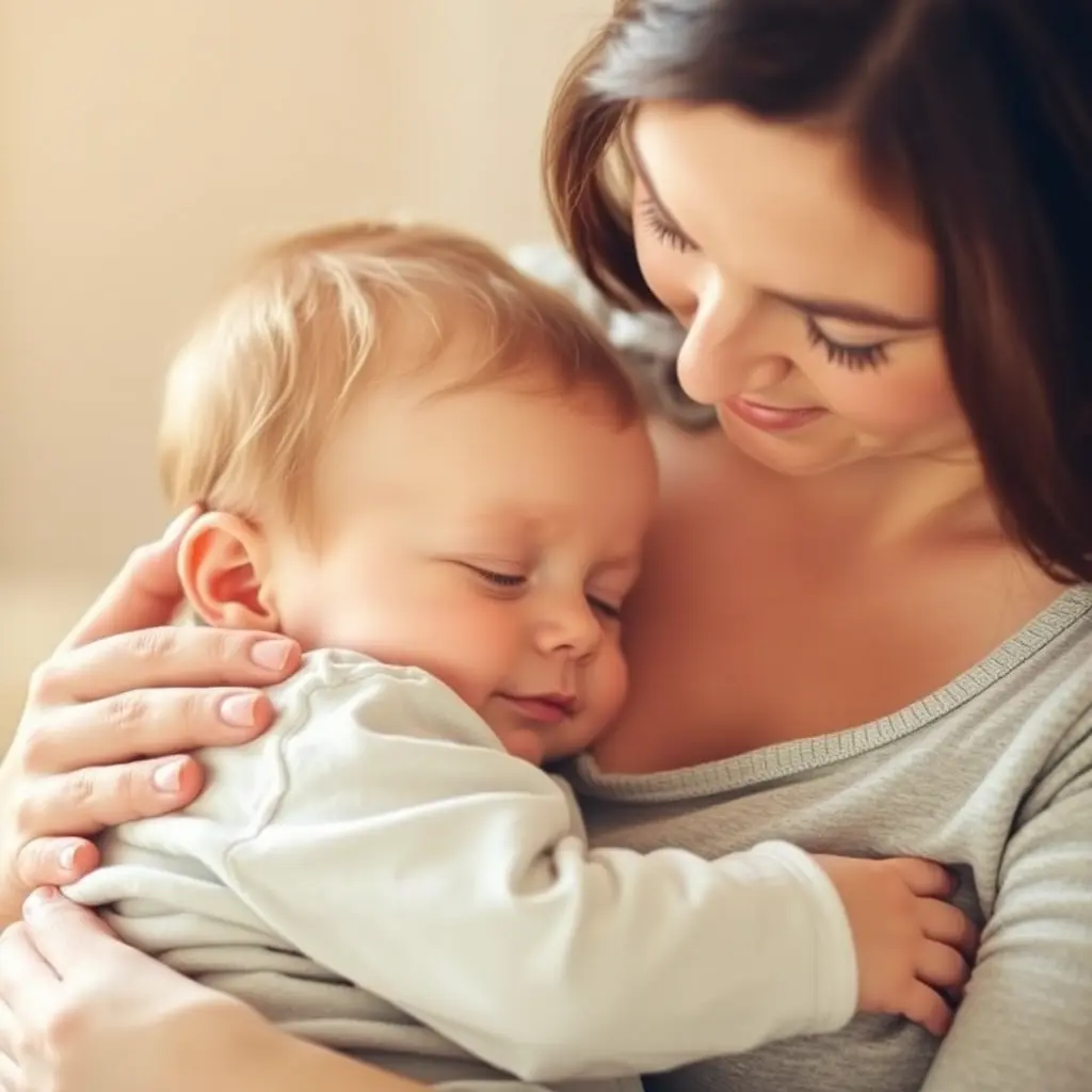 الصورة تصور أمًا تحتضن طفلها الصغير بحنان. تبدو الأم جالسة وهي تضم طفلها إلى صدرها، وملامحها تعبر عن الحب والدفء. الطفل الصغير يغمض عينيه أو ينظر إليها بعينين مليئتين بالراحة والاطمئنان. الإضاءة ناعمة ودافئة، مما يعزز المشاعر العاطفية في المشهد. قد تكون الخلفية ضبابية أو بسيطة، للتركيز على العلاقة القوية بين الأم وطفلها.