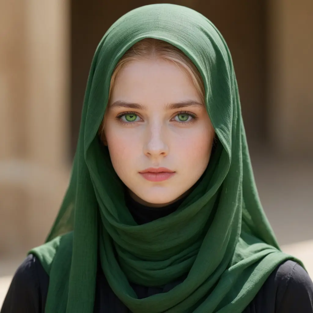 فتاه محجبة بيضاء الوجه عيونها خضراء ذات أنف متوسط الحجم