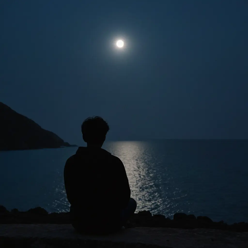 صمم لي شخص جالس وحده وحزين والخلفيه البحار في الظلام