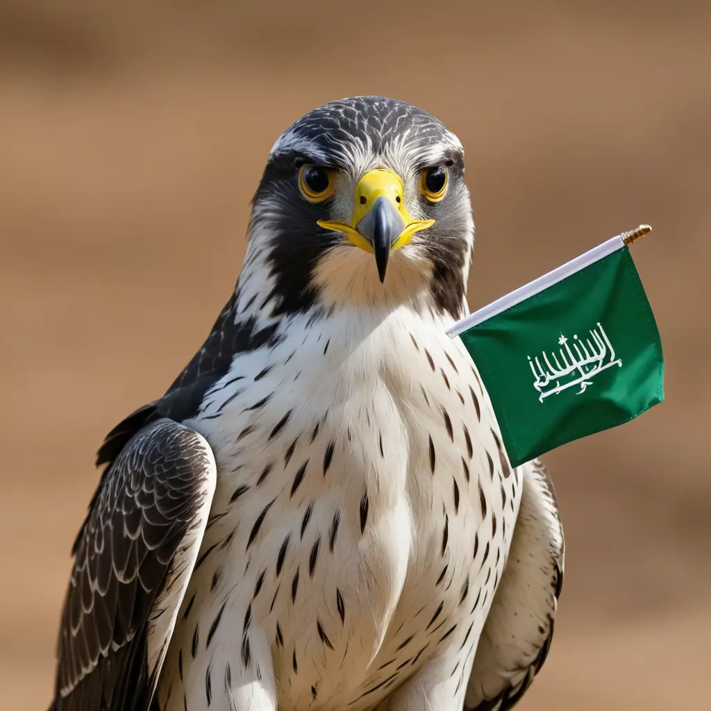 صقر يحمل علم السعودية بمنقارة
