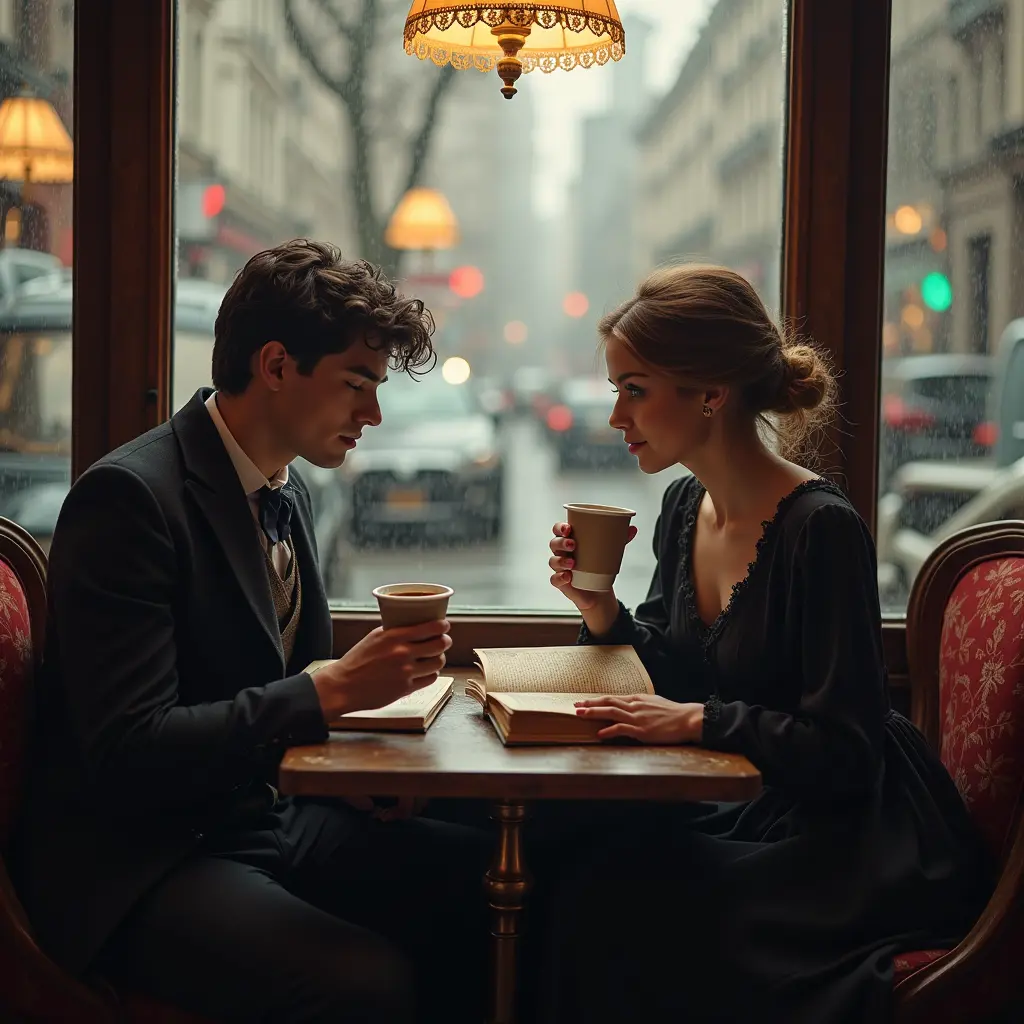 شاب مع حبيبته جالسون في مقهى ويشربون القهوة ويقراون رويات و يرون المطر في عصر فكتوريا
