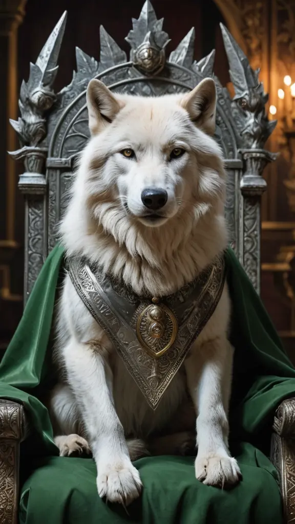 تصميم ذئب أبيض قوي لون عينيه اورق يجلس علي عرش الملك ويضع علي رأسه تاج الملك ويرتدي بدلة. اريد تفاصيل القوة والفخامة والابداع في لباس الذئب وخلفية الصورة في قاعة فاخرة للغاية وملامح وجه الذئب تظهر القوة والغضب اريد تأثيرات داكنة للصورة لتصلح كلوحة جدار