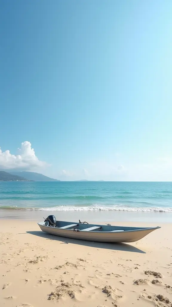 صورة الشاطئ والبحر فى الساحل الشمالى، الصورة تكون بدون جبال، الصورة تكون من الاسفل من الارض على الشاطئ فى الساحل الشمالي، يوجد قارب حديث على الشاطئ